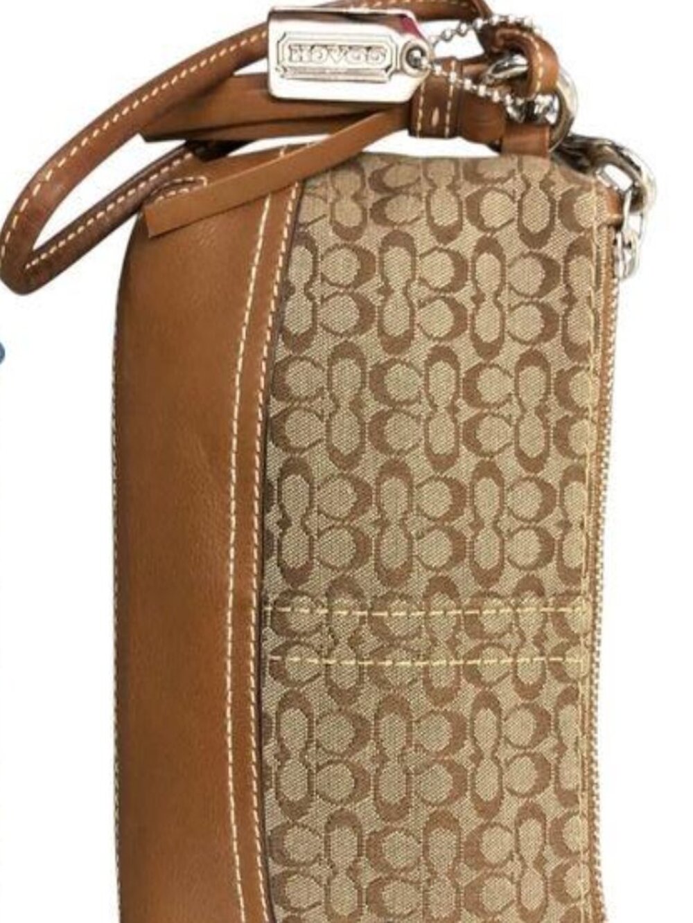 Coach Tan Brown/Khaki Signature C Jacquard Canvas Smooth Leather Wristlet Pouch